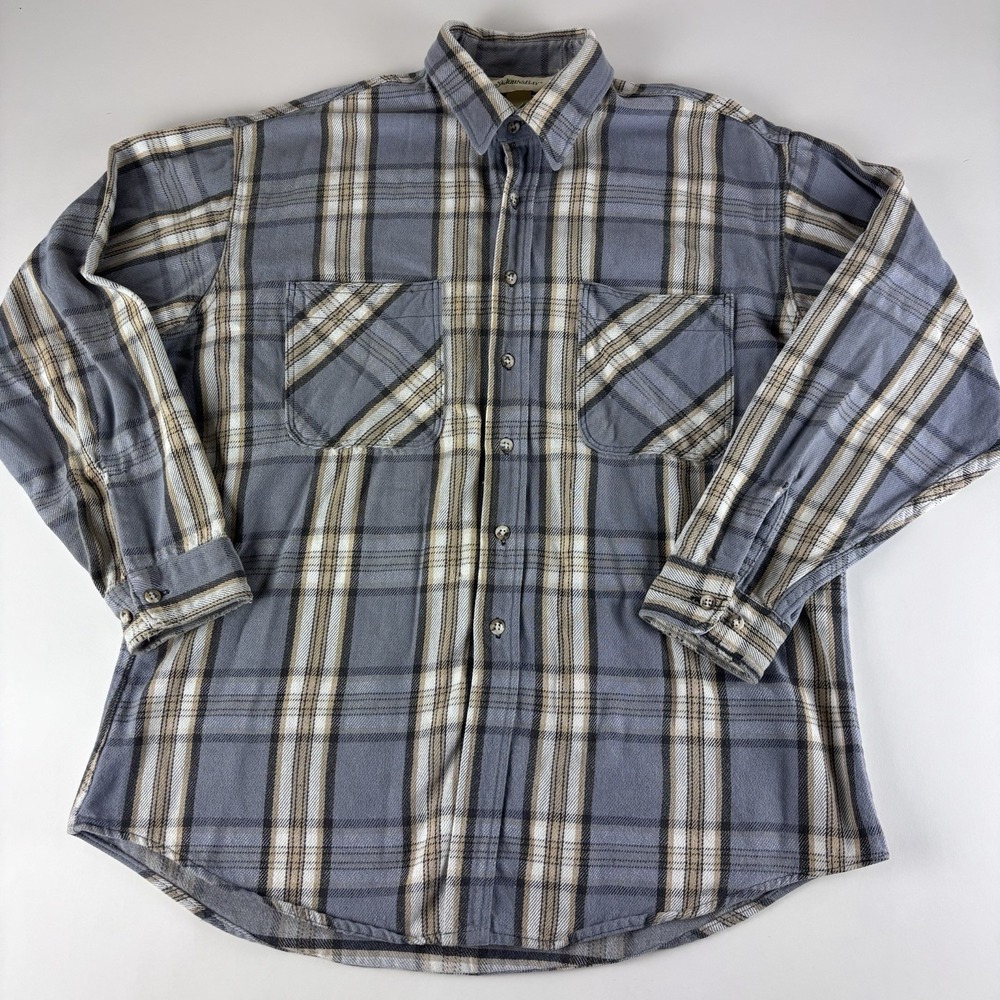 Vintage JC Penney Flannel Shirt Cotton Woven Plaid XL Tall Blue Made USA XLT